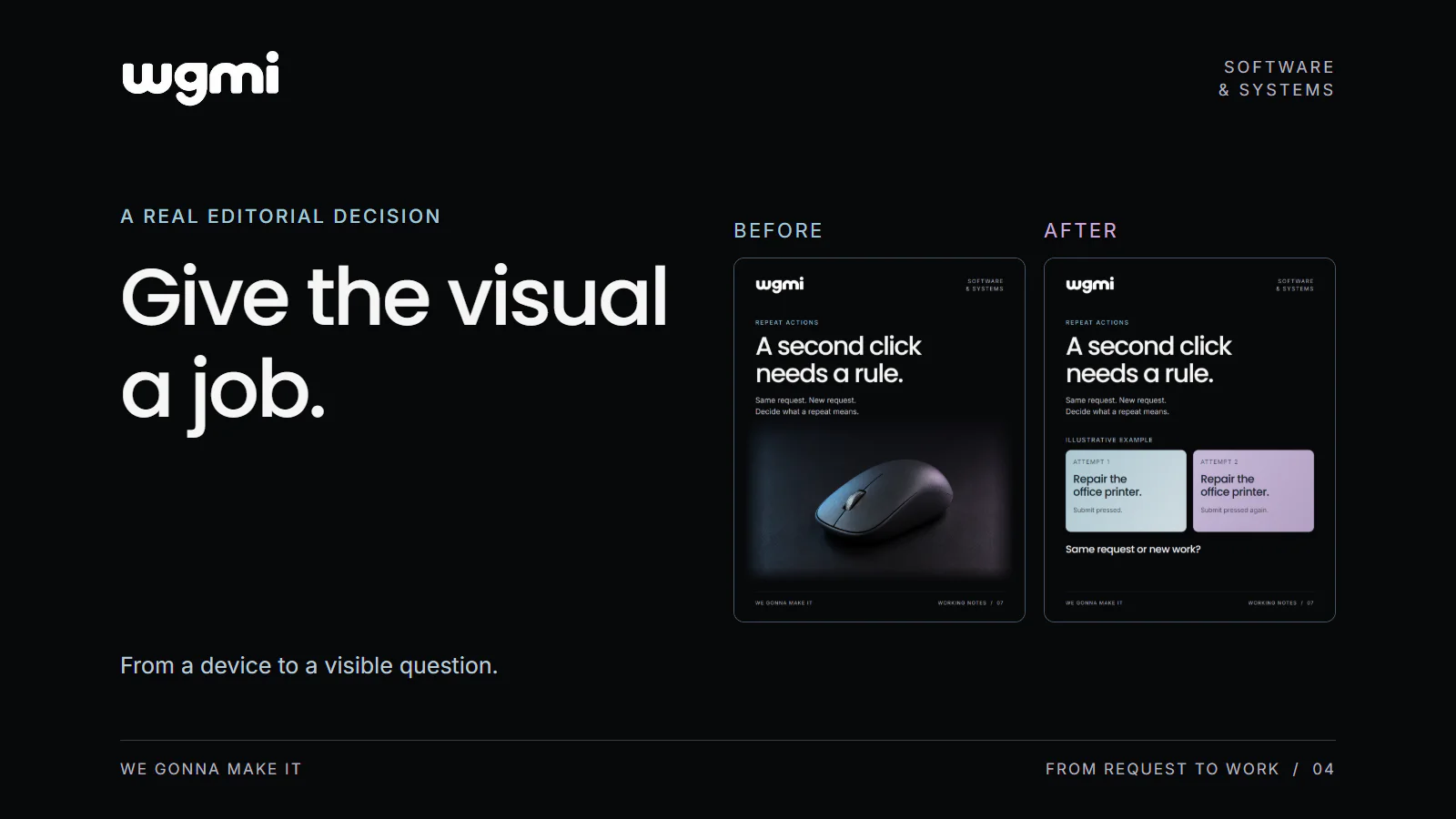 WGMI shows the actual before and after versions of its post A second click needs a rule. The earlier visual contains a mouse photograph. The revised visual compares two submission attempts. The caption reads From a device to a visible question.