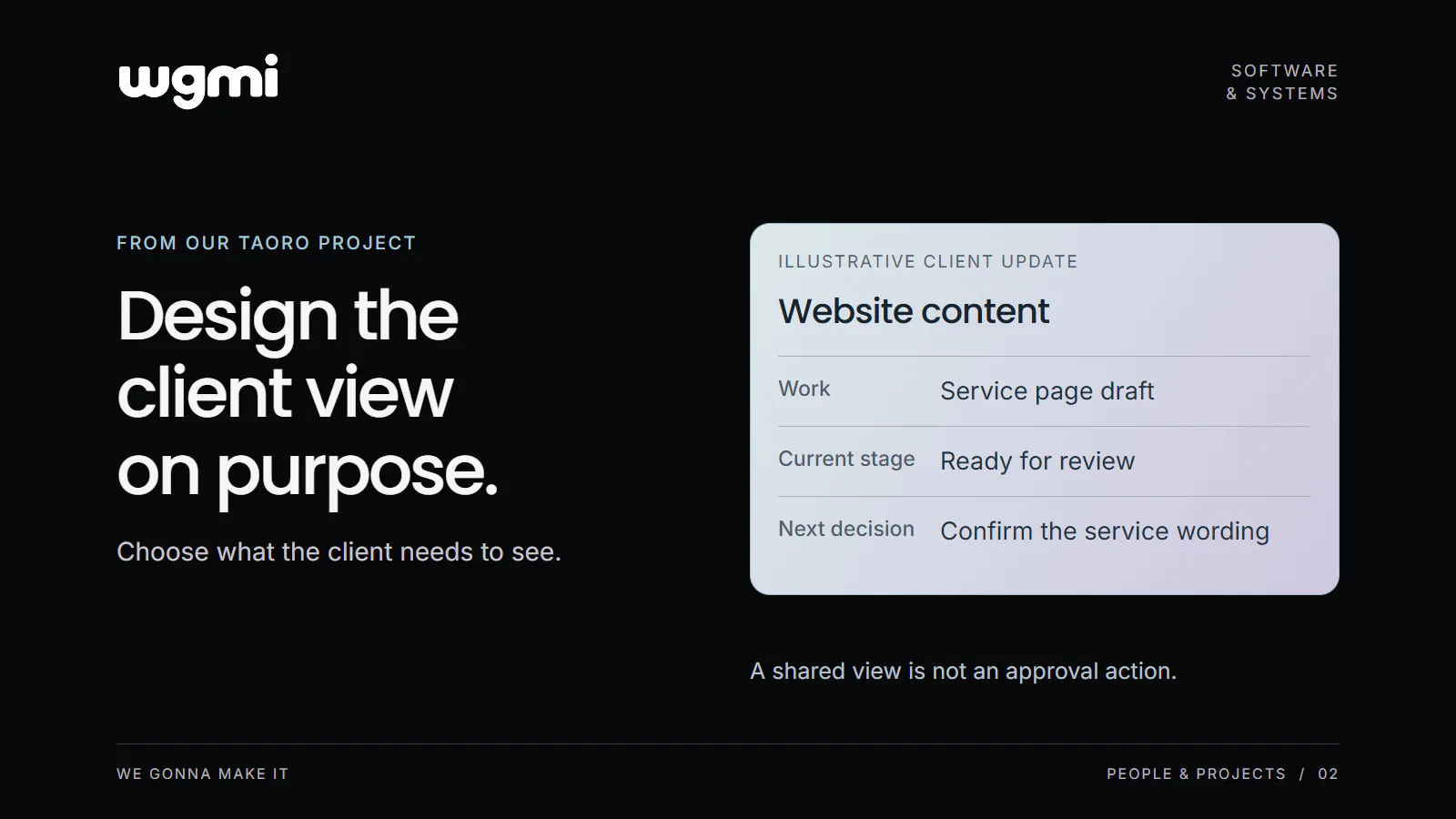 WGMI working note from the Taoro project. An illustrative client update shows a service page draft, its review stage and a request to confirm the service wording. A note says that a shared view is not an approval action.