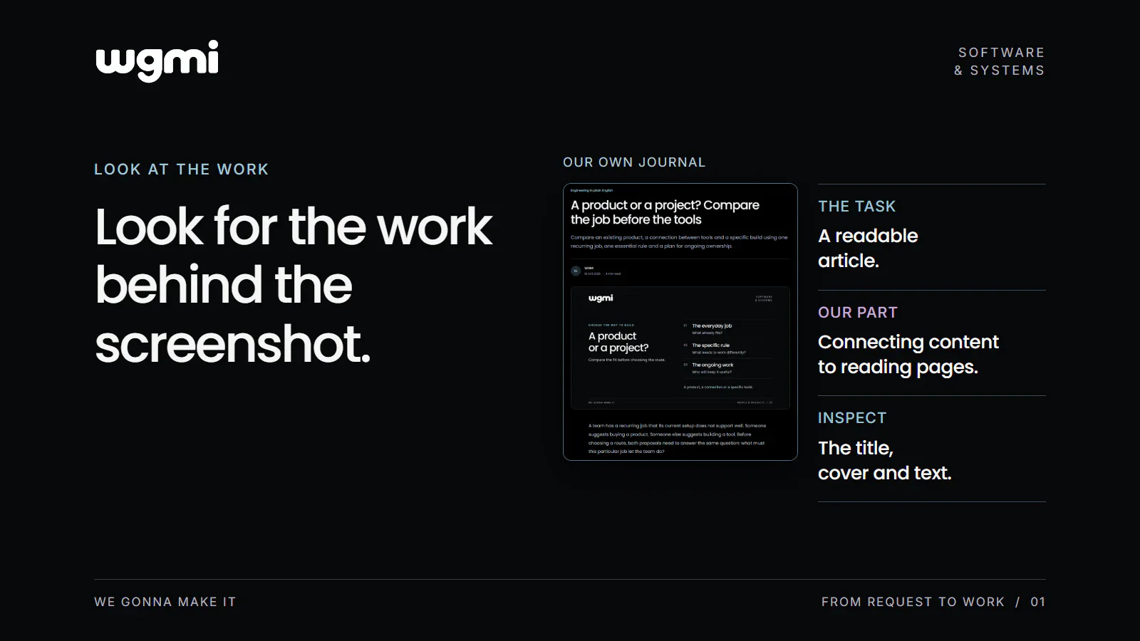 WGMI introduces its own journal as an example of work. An actual public article screenshot includes the title A product or a project? Compare the job before the tools, its cover and opening paragraph. Notes identify the task, connecting content to reading pages, and what a reader can inspect.