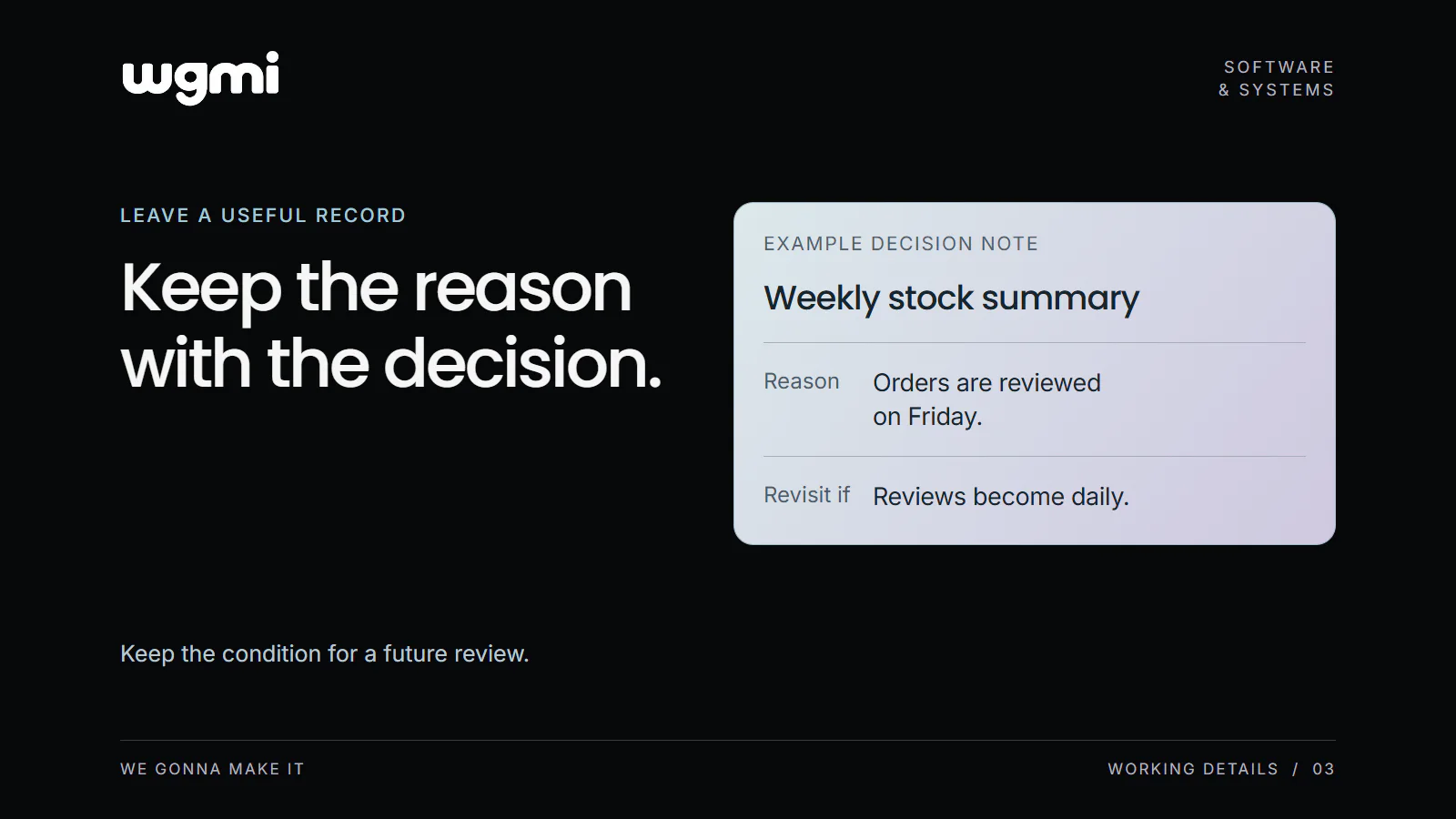 WGMI example decision note chooses a weekly stock summary because orders are reviewed on Friday. The condition for revisiting the decision is that reviews become daily.